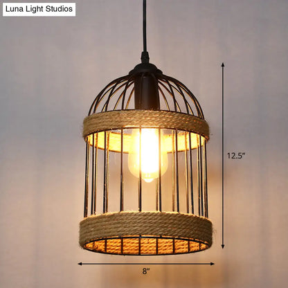 Country Style Wood Rope Pendant Light for Restaurants - Single Cage Shade Suspension