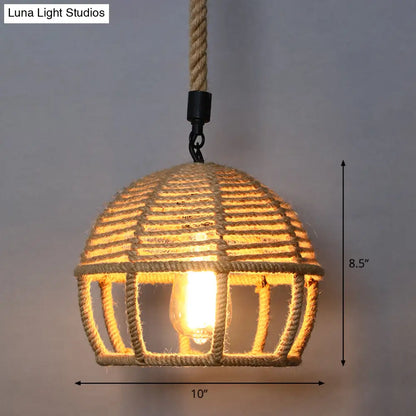 Country Style Wood Rope Pendant Light for Restaurants - Single Cage Shade Suspension