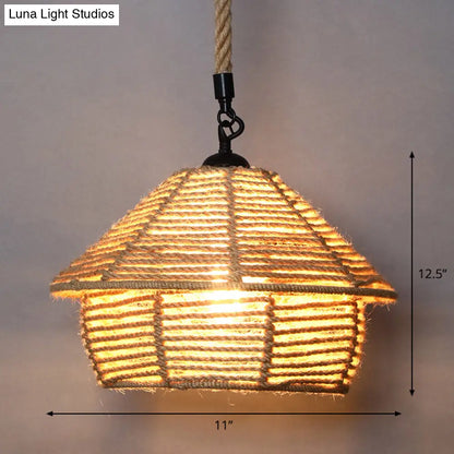 Country Style Wood Rope Pendant Light for Restaurants - Single Cage Shade Suspension