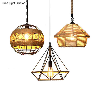 Country Style Wood Rope Pendant Light for Restaurants - Single Cage Shade Suspension