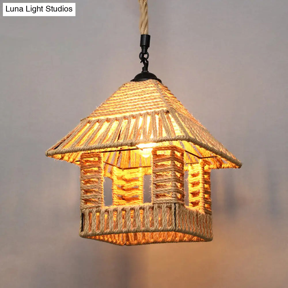 Country Style Wood Rope Pendant Light for Restaurants - Single Cage Shade Suspension