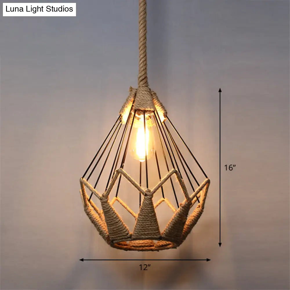 Country Style Wood Rope Pendant Light for Restaurants - Single Cage Shade Suspension