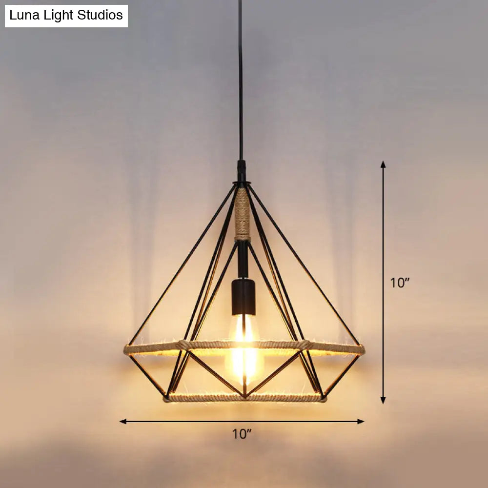 Country Style Wood Rope Pendant Light for Restaurants - Single Cage Shade Suspension