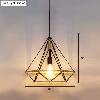 Country Style Wood Rope Pendant Light for Restaurants - Single Cage Shade Suspension