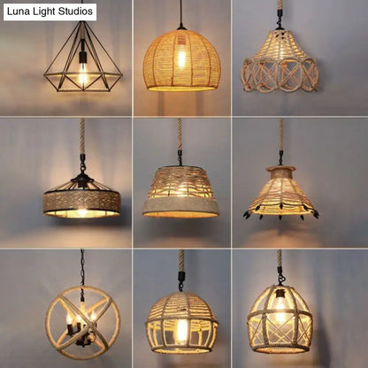 Country Style Wood Rope Pendant Light for Restaurants - Single Cage Shade Suspension