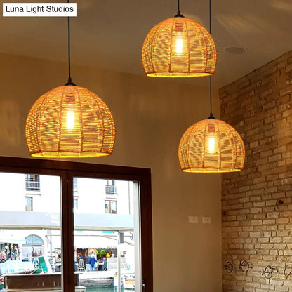 Country Style Wood Rope Pendant Light for Restaurants - Single Cage Shade Suspension