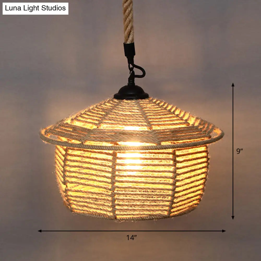 Country Style Wood Rope Pendant Light for Restaurants - Single Cage Shade Suspension