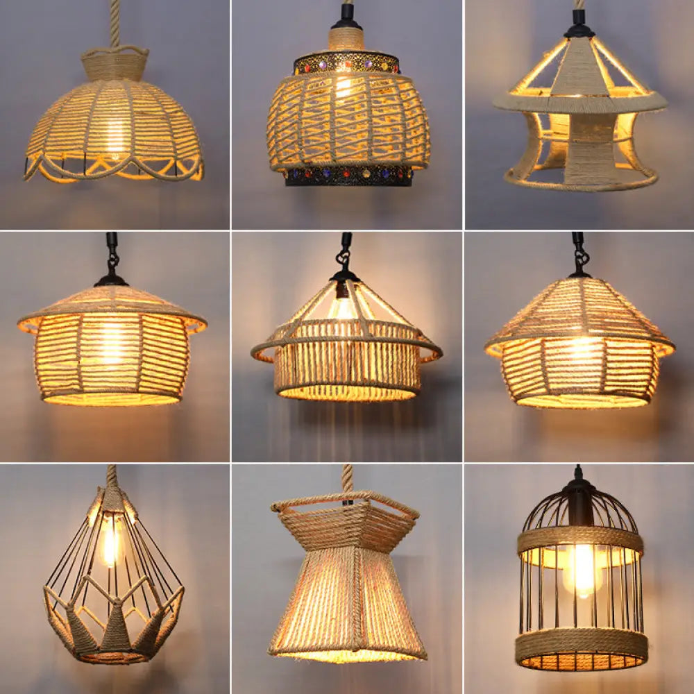 Country Style Wood Rope Pendant Light for Restaurants - Single Cage Shade Suspension