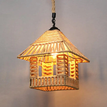 Country Style Wood Rope Pendant Light for Restaurants - Single Cage Shade Suspension