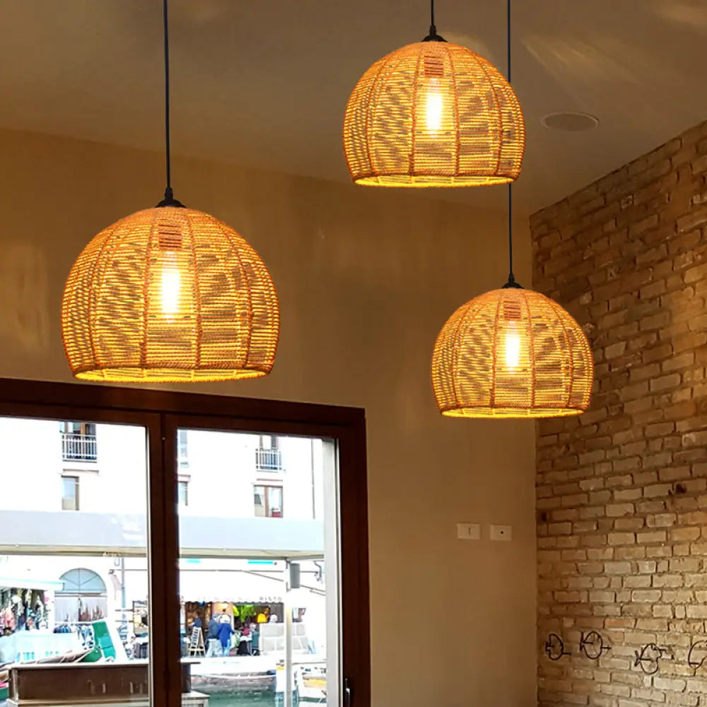 Country Style Wood Rope Pendant Light for Restaurants - Single Cage Shade Suspension