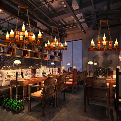 وحدة إضاءة جزيرة خشبية بتصميم ريفي من DecorBites™ - تصميم شمعة بني، 7/10 رؤوس - مثالية لغرفة الطعام