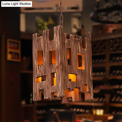 Country Style Wooden Pendant Lamp with Adjustable Chain - Brown, Rectangular Design - 1 Bulb Hanging Light Fixture