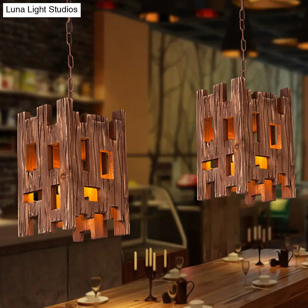 Country Style Wooden Pendant Lamp with Adjustable Chain - Brown, Rectangular Design - 1 Bulb Hanging Light Fixture