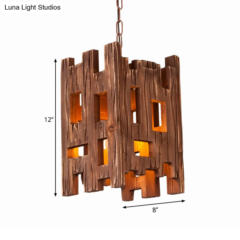 Country Style Wooden Pendant Lamp with Adjustable Chain - Brown, Rectangular Design - 1 Bulb Hanging Light Fixture