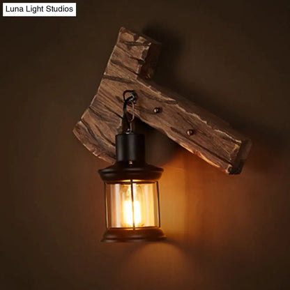 Country Style Wooden Wall Sconce with Lantern Shade - Bedroom Lighting