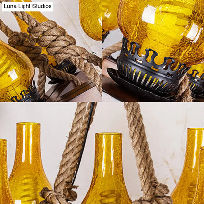 Country Stylish 5-Light Pendant Lamp with Yellow Cracked Glass Teardrop Shades and Rope Detailing