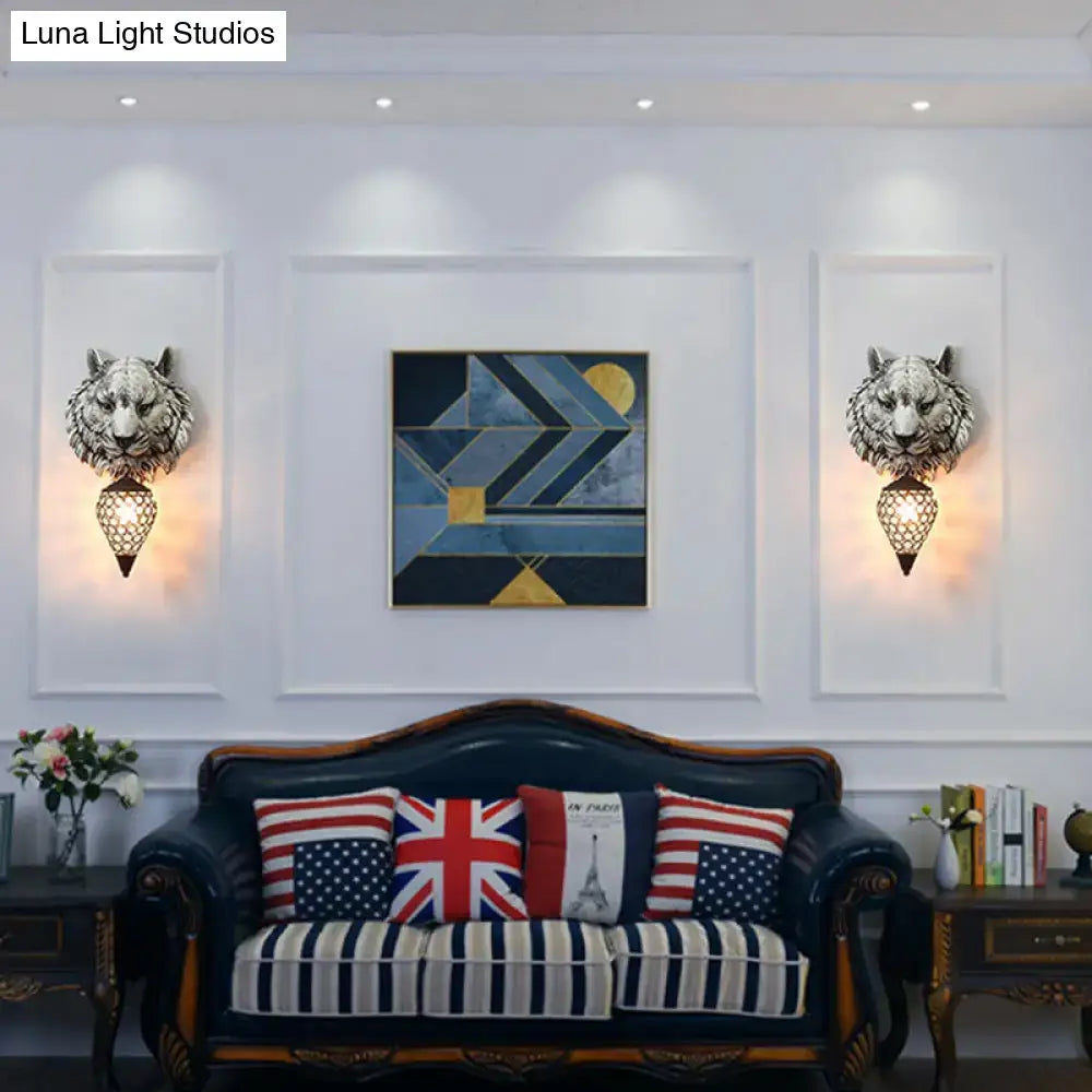 Silver country tiger head wall sconce with intricate mesh lantern and clear crystal shade for bedroom light