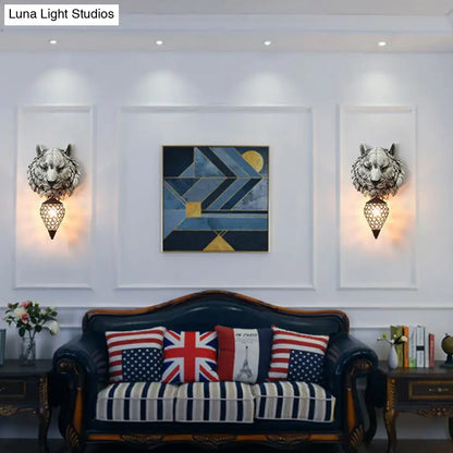 Silver country tiger head wall sconce with intricate mesh lantern and clear crystal shade for bedroom light