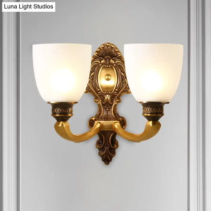Country White Glass Wall Sconce Light - 2-Head Brass Fixture, Inverted Bell Design, 5"/14" Wide