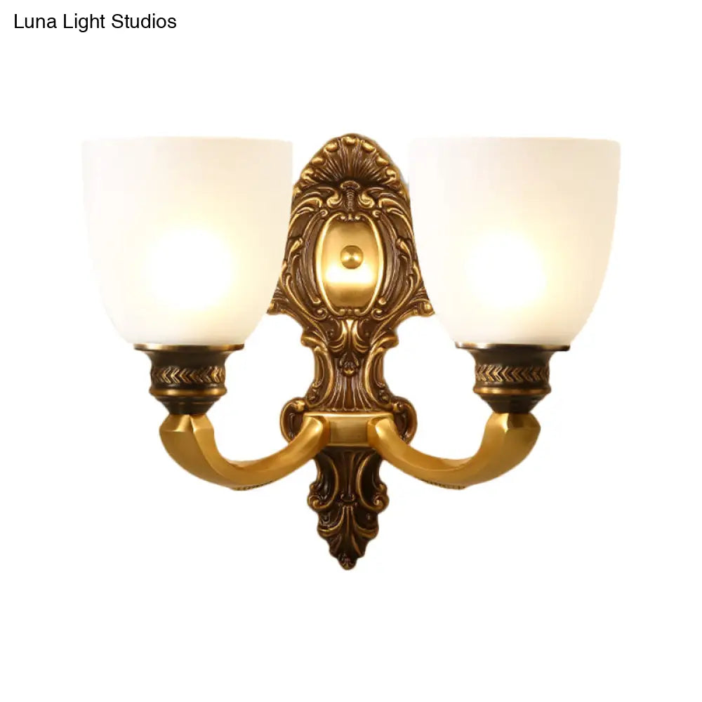 Country White Glass Wall Sconce Light - 2-Head Brass Fixture, Inverted Bell Design, 5"/14" Wide