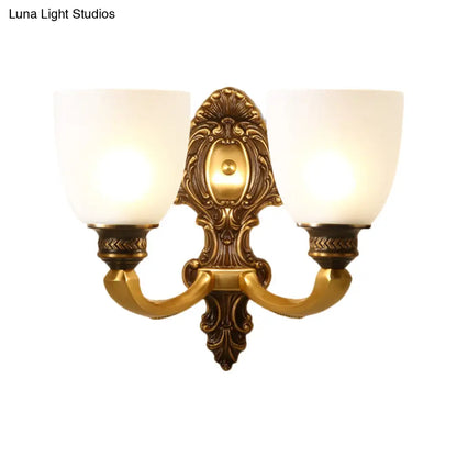 Country White Glass Wall Sconce Light - 2-Head Brass Fixture, Inverted Bell Design, 5"/14" Wide