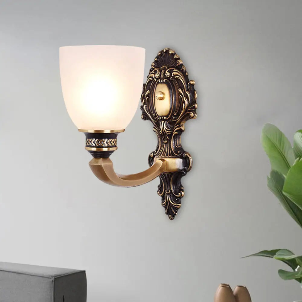 Country White Glass Wall Sconce Light - 2-Head Brass Fixture, Inverted Bell Design, 5"/14" Wide