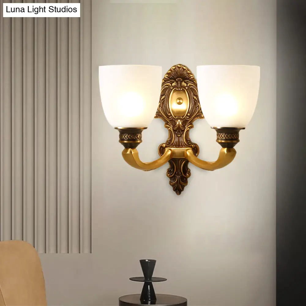 Country White Glass Wall Sconce Light - 2-Head Brass Fixture, Inverted Bell Design, 5"/14" Wide