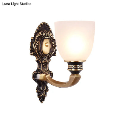 Country White Glass Wall Sconce Light - 2-Head Brass Fixture, Inverted Bell Design, 5"/14" Wide