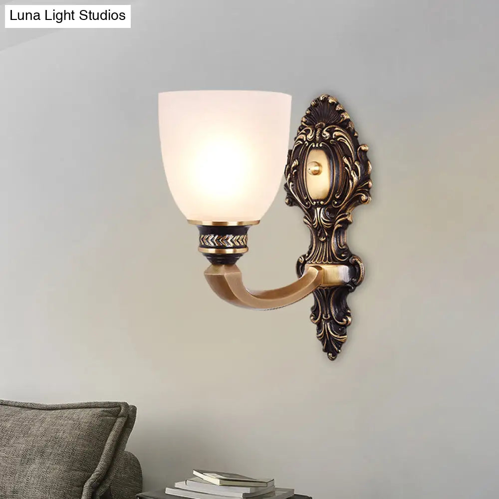 Country White Glass Wall Sconce Light - 2-Head Brass Fixture, Inverted Bell Design, 5"/14" Wide