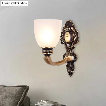 Country White Glass Wall Sconce Light - 2-Head Brass Fixture, Inverted Bell Design, 5"/14" Wide