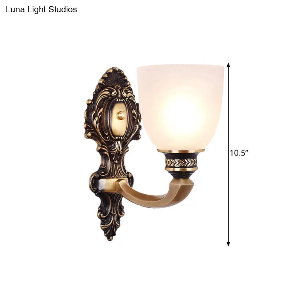 Country White Glass Wall Sconce Light - 2-Head Brass Fixture, Inverted Bell Design, 5"/14" Wide
