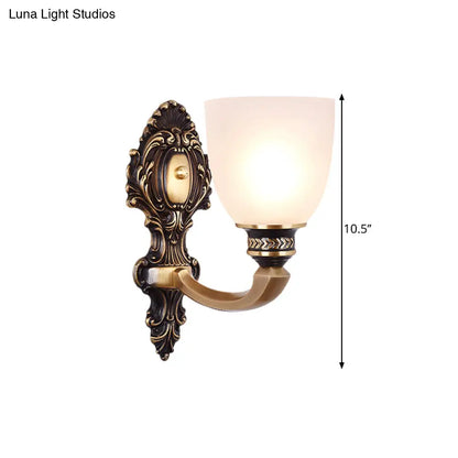 Country White Glass Wall Sconce Light - 2-Head Brass Fixture, Inverted Bell Design, 5"/14" Wide