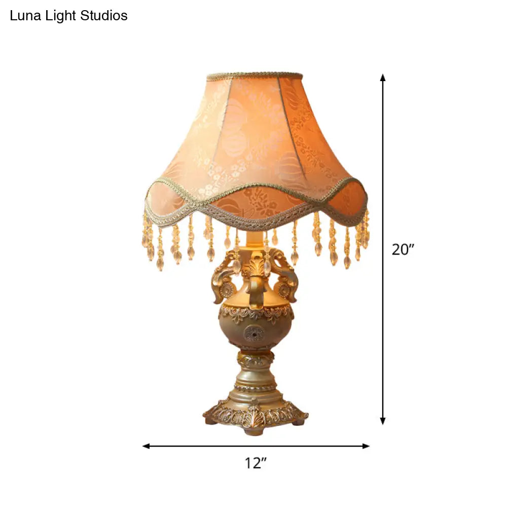 Countryside 1-Head Apricot Bell Nightstand Lamp with Fabric Night Light and Resin Base