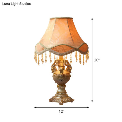 Countryside 1-Head Apricot Bell Nightstand Lamp with Fabric Night Light and Resin Base