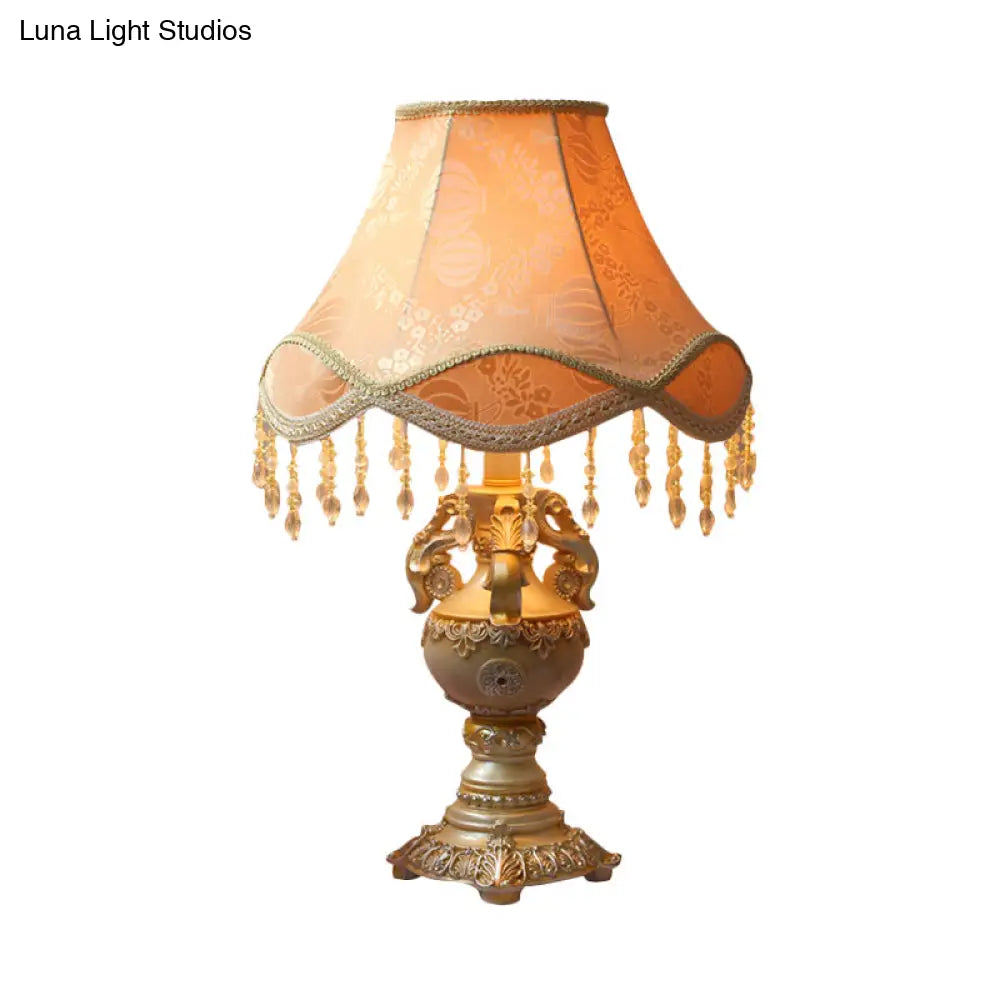 Countryside 1-Head Apricot Bell Nightstand Lamp with Fabric Night Light and Resin Base