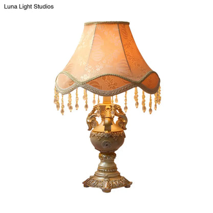 Countryside 1-Head Apricot Bell Nightstand Lamp with Fabric Night Light and Resin Base