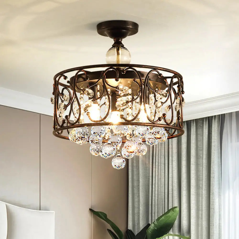 DecorBites™ DecorBites™ Countryside 3-Head Iron Cylinder Ceiling Light Fixture: Bedroom Semi Flushmount Lamp in Rust with Clear Crystal Orb