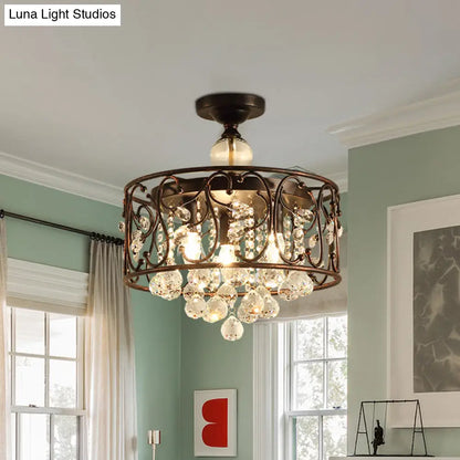 DecorBites™ DecorBites™ Countryside 3-Head Iron Cylinder Ceiling Light Fixture: Bedroom Semi Flushmount Lamp in Rust with Clear Crystal Orb
