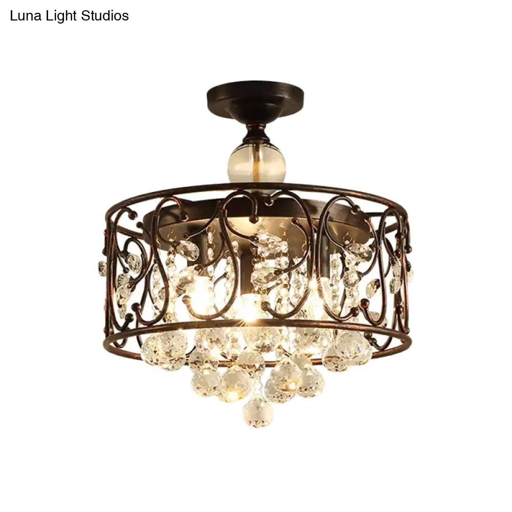 DecorBites™ DecorBites™ Countryside 3-Head Iron Cylinder Ceiling Light Fixture: Bedroom Semi Flushmount Lamp in Rust with Clear Crystal Orb