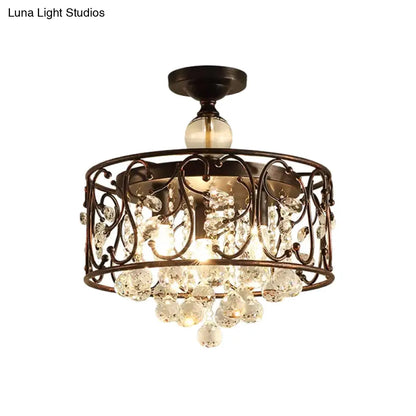 DecorBites™ DecorBites™ Countryside 3-Head Iron Cylinder Ceiling Light Fixture: Bedroom Semi Flushmount Lamp in Rust with Clear Crystal Orb
