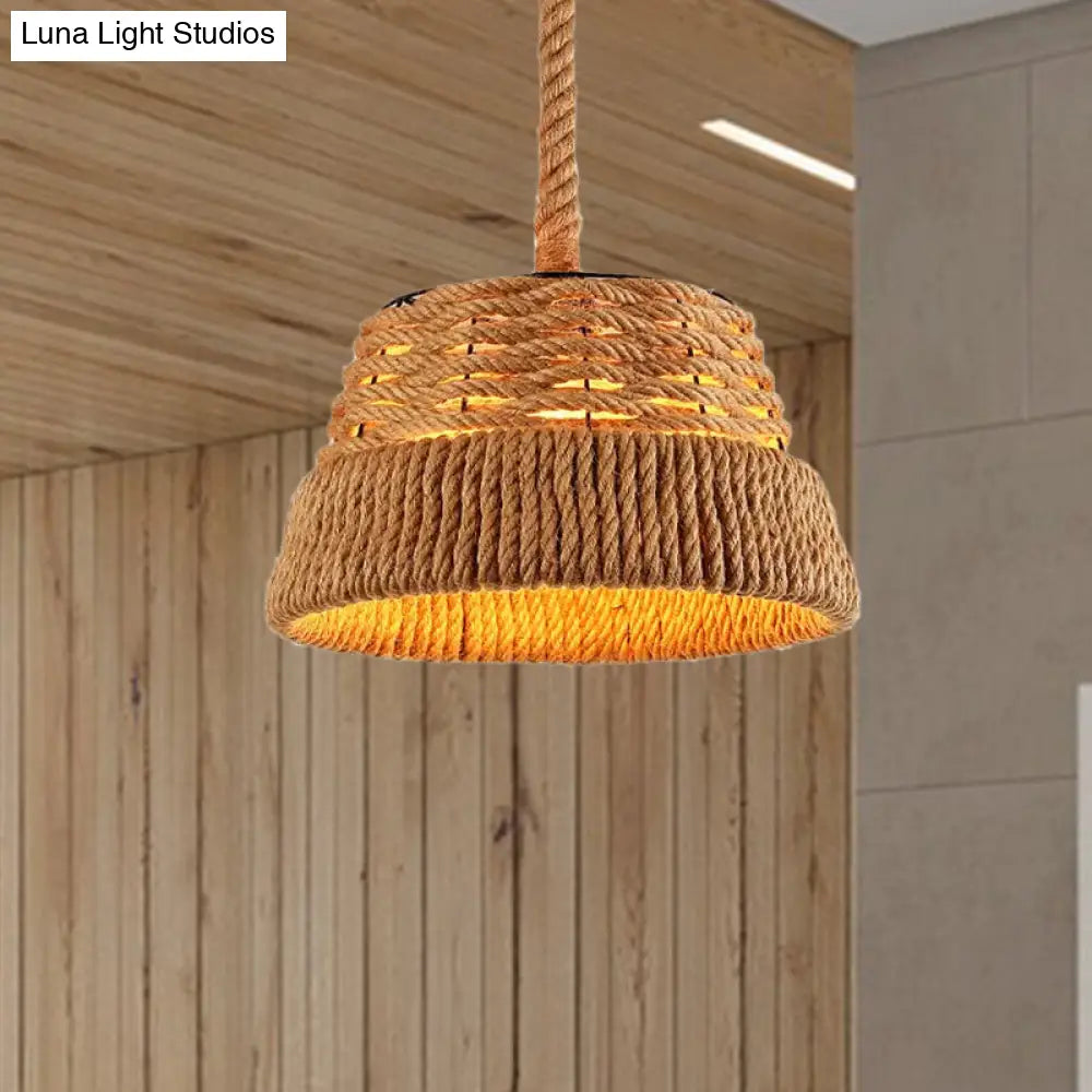 Countryside Beige Cone Pendant Light with Natural Rope for Dining Room