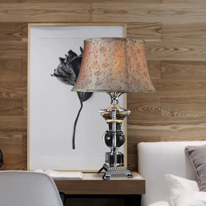 Countryside Beige Fabric Nightstand Lamp with Crystal Base - Cone Table Light (1 Light)