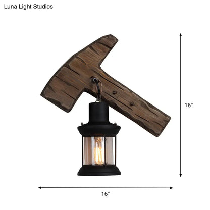 Countryside Brown Lantern Wall Light Kit with Clear Glass Shade and Wood Backplate, 1-Light