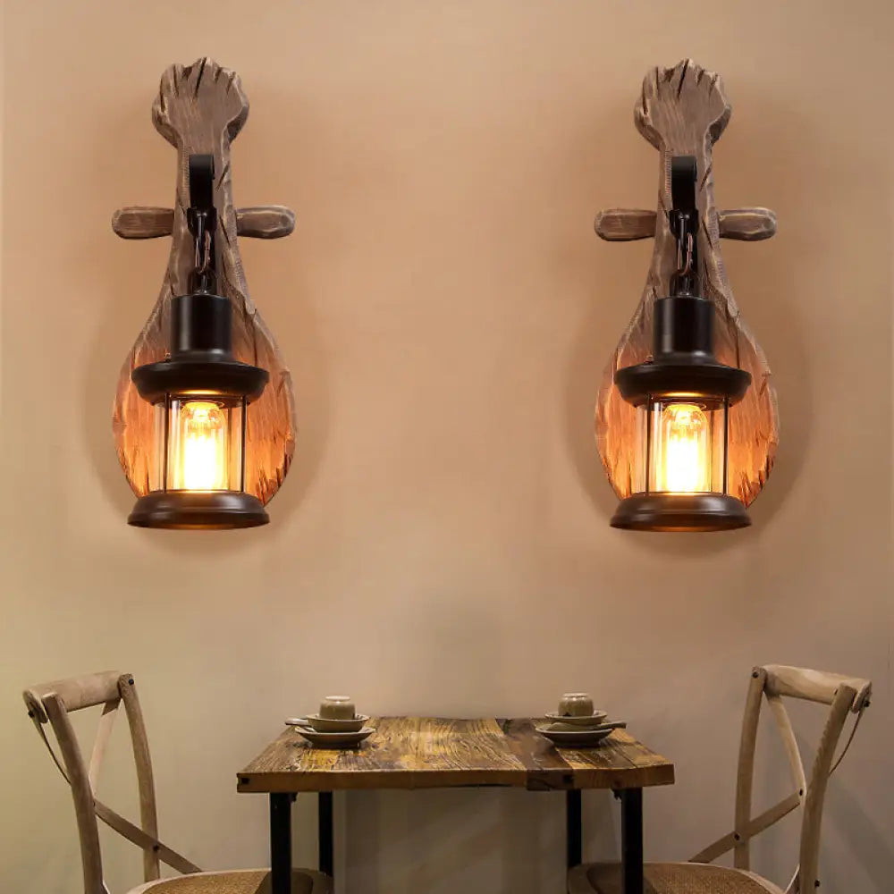 Countryside Brown Lantern Wall Light Kit with Clear Glass Shade and Wood Backplate, 1-Light
