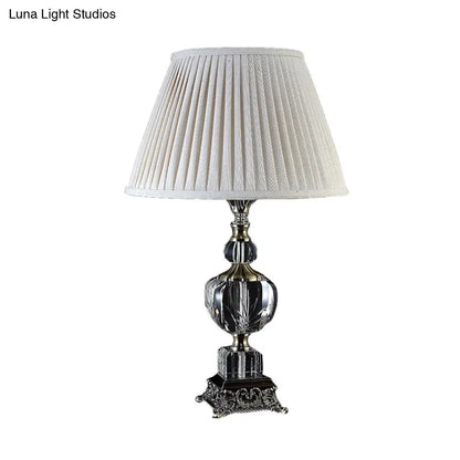 Countryside Crystal Nightstand Lamp in Cream Gray with Fabric Empire Shade - 1 Light