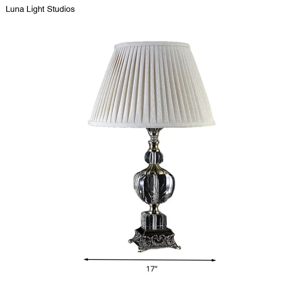 Countryside Crystal Nightstand Lamp in Cream Gray with Fabric Empire Shade - 1 Light