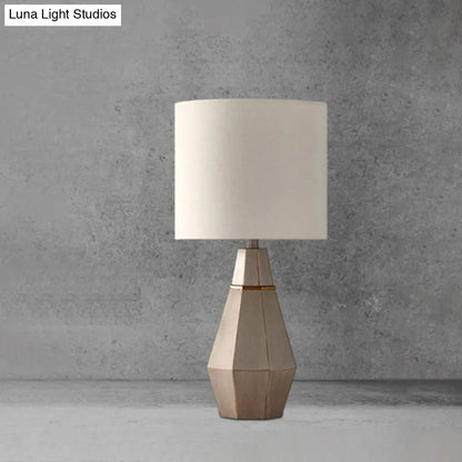 Countryside Fabric Bedside Night Lamp: Cylindrical Table Light with Resin Diamond Base - White, 1 Head