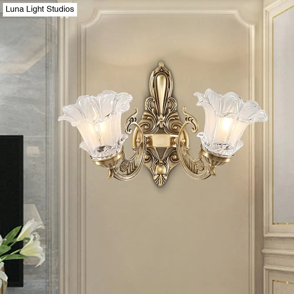 مصباح حائط على شكل زهرة ريفية مع زجاج شفاف مضلع ومصابيح نحاسية