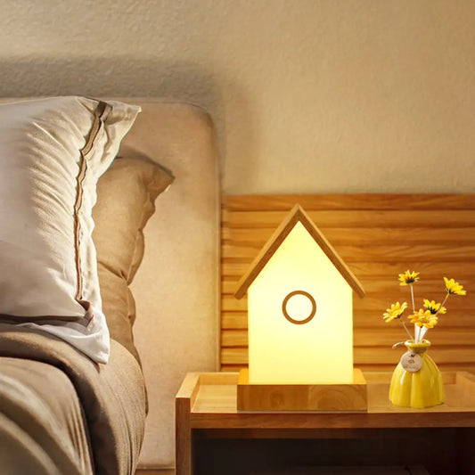 مصباح طاولة زجاجي ريفي مع غطاء غير شفاف - مصباح طاولة بجانب السرير مصنوع من الخشب بمصباح واحد