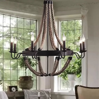 Countryside Hanging Chandelier with 6/8 Brown Bulbs and Hemp Rope Basket Pendant Design